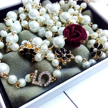 2017 Women Small Fragrant Long Sweater Chain pearl Necklace&pendant golden Luxury flower  Pendant Necklace for
