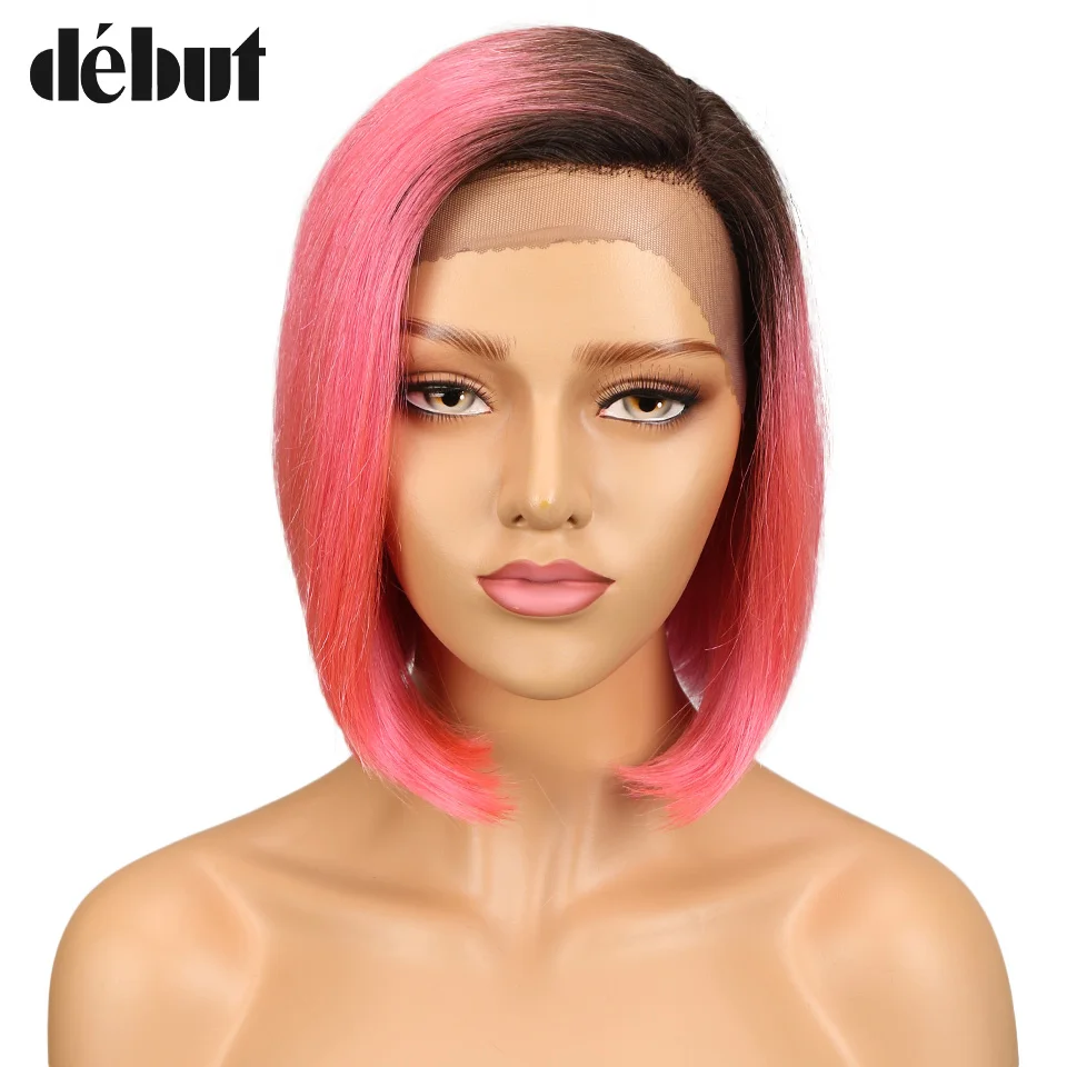 

Debut Lace Front Human Hair Wig Brazilian TT1B/PINK Straight Human Hair Wigs For Black Women Short Bob Wigs With L Lace Closure