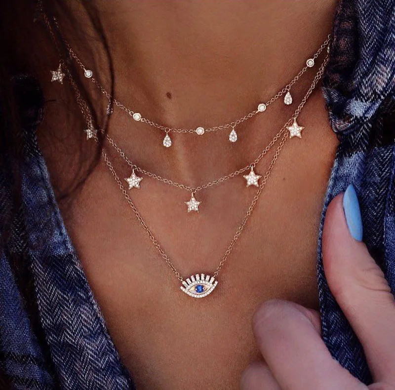 

Compact fashion five-pointed star eye necklace star moon multi-layer necklace pendant charm jewelry