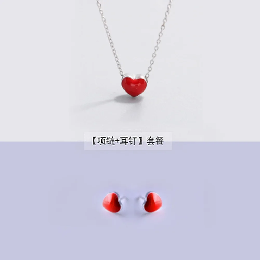 925 серебряные серьги+ ожерелье для женщин, модные ювелирные наборы, милые крошечные красные глазурные серьги-гвоздики в форме сердца для девочек, подарок для девушек