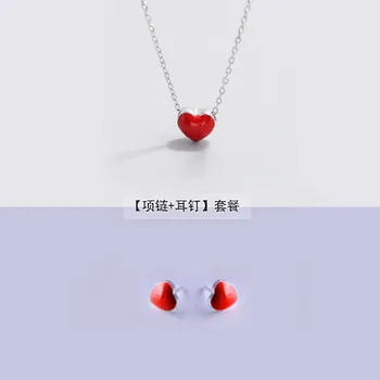 

925 silver Earrings + necklace for Women Fashion Jewelry Sets Cute Tiny Red Glaze Heart Stud Earrings For Girls Kids Lady Gift