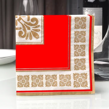 

Decoupage napkins paper red tissue print golden flower strip wedding elegant servilletas happy birthday party dinner decor 40cm