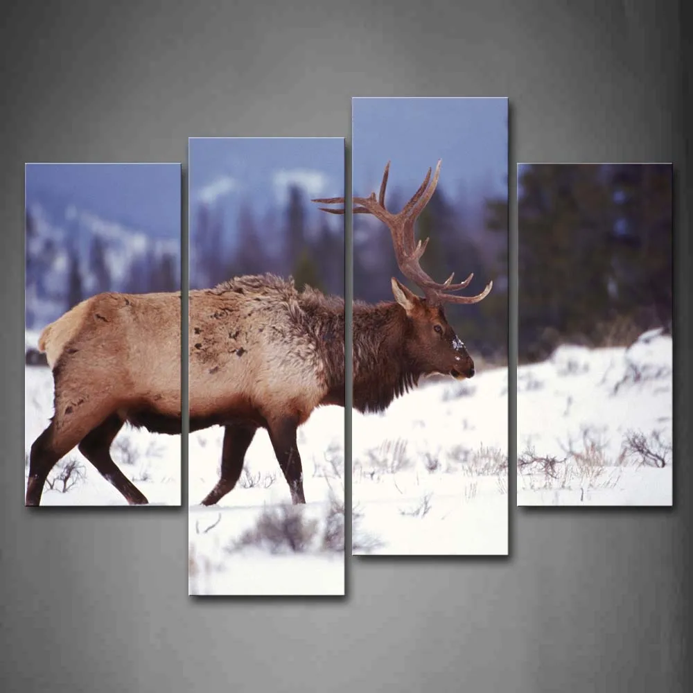 

Framed Wall Art Pictures Elk Snowfield Trees Canvas Print Animal Posters With Wooden Frames For Home Living Room Decor