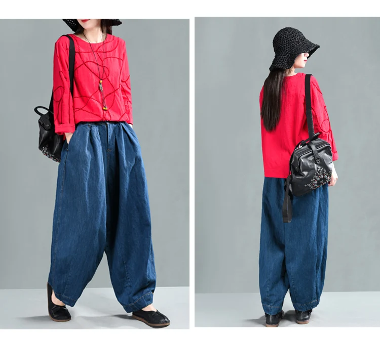 2019 New Women Loose Jeans Casual Denim Harem Pants Plus Size Elastic Waist Washed Jeans Trousers 3