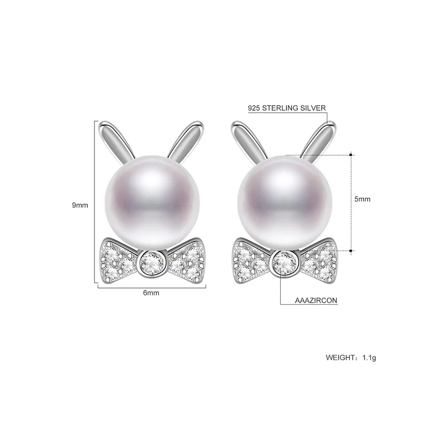 Shineland, настоящее 925 пробы, серебряные милые маленькие кролики, бант, натуральный пресноводный жемчуг, прозрачные CZ серьги-гвоздики для женщин и девушек
