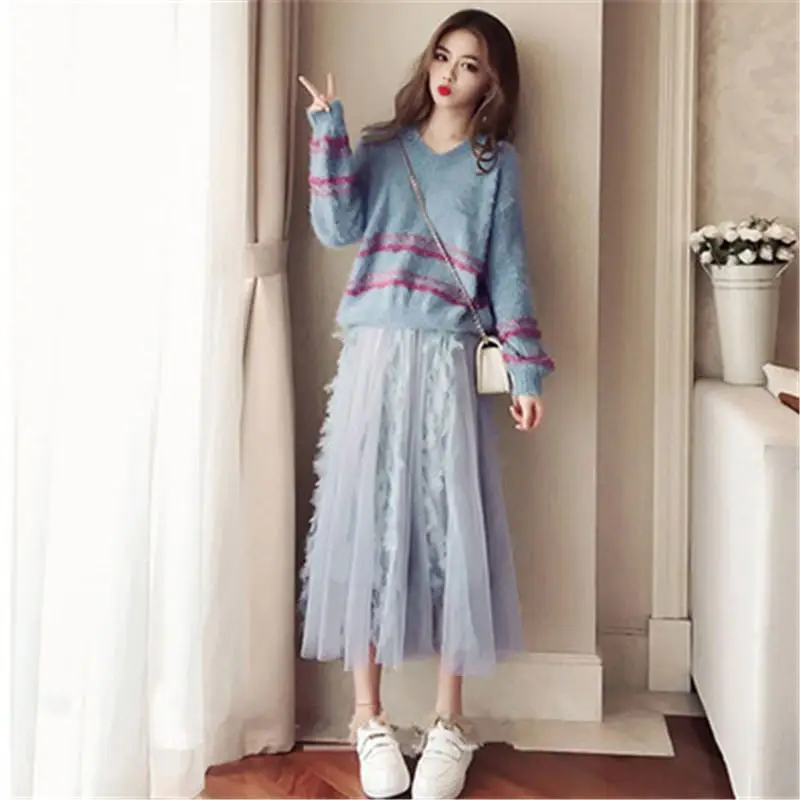 

2019 New Spring Autumn Women Pullover Knit Sweater+A Line Mesh Patchwork Feather Draped Skirt Suits Female Sweet Casual Set Z345