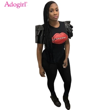 

Adogirl Red Lip PU Leather Ruffle Sleeve Bandage Jumpsuits 2018 Stylish Women Rompers High Quality Overalls Combinaison Femme