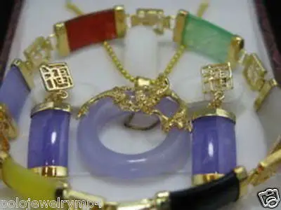 

New Jewelry multicolor jade pendant earring bracelet set >>18K GP Plated gold Bridal wide watch wings queen JEWE