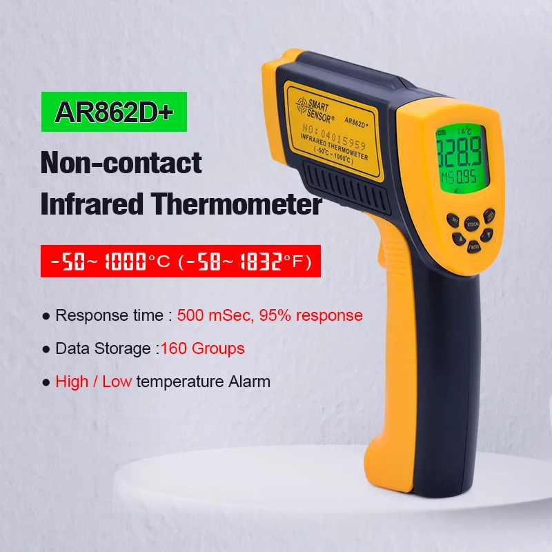 

OUTEST Non-Contact IR Infrared Thermometer Digital LCD Laser Pyrometer-50~1000C AR862D+ Emissivity Adjustable