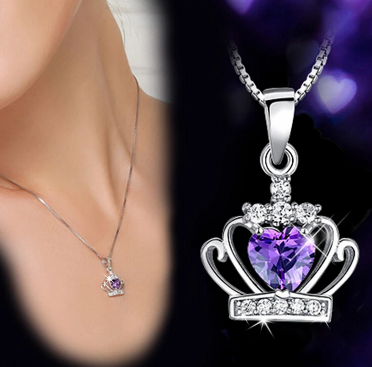 

Anenjery 925 Sterling Sliver Necklace Queen Princess Crystal Crown Zircon Heart Pendant Neckace For Women 45cm Chain S-N98
