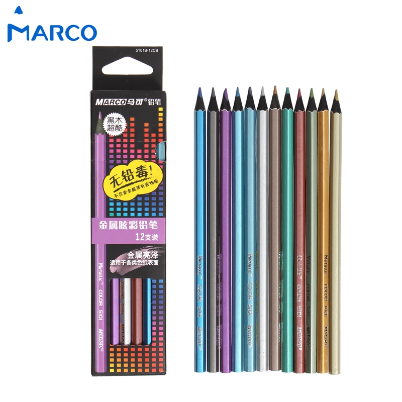 

Marco 12 Colors/Box Black Wood Metallic Color Pencils Lapis De Cor Professional Drawing Pencil for School Supplies