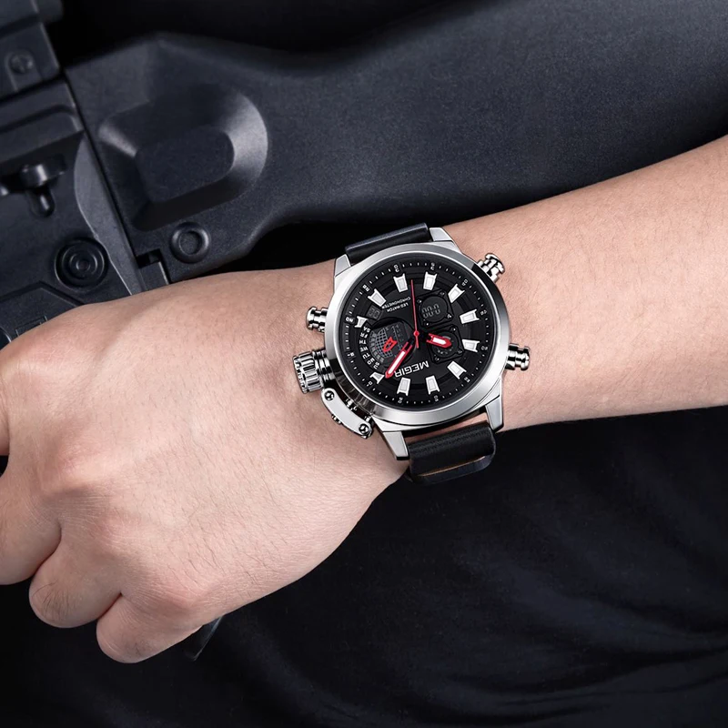 MEGIR New Watch Men Luxury Brand Analog Digital Sports Mens Watches Leather Army Military Waterproo