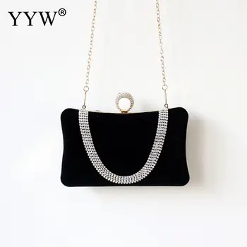 

Velour Box Bag Yyw Lady Handbag Vintage Black Rhinestone Ring Clutch Bag Wedding Evening Bags Small Purse Chain Bolsos Mujer