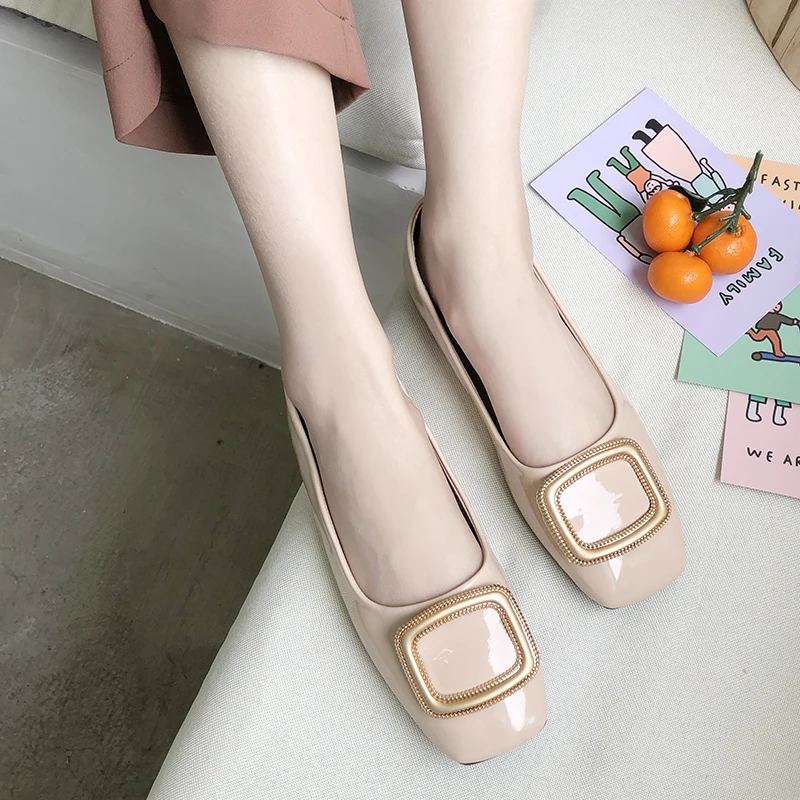 

Ladies Flats Female Soft Bottom Ballet Flats Women Shoes Woman Flats Patent Leather Metal Buckle Square Toe Shallow Casual Shoes