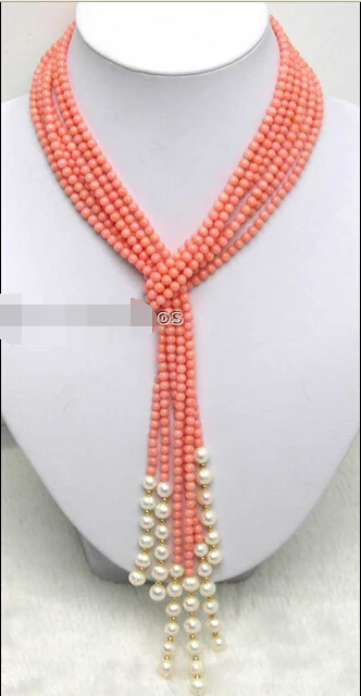 

Hot sale SALE Long 47" Natural 4mm Pink round Coral & White Pearl 3 Strands Necklace