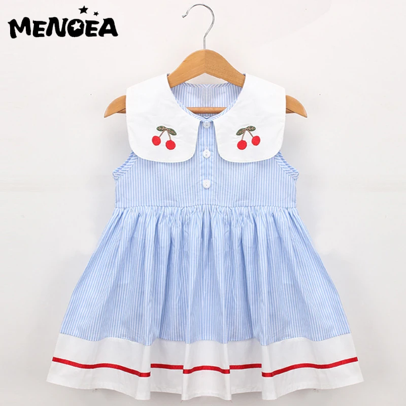

Menoea Girls Dress Embroidery Cherry Turn-down Collar Sleeveless Striped Dress Cotton Infant Princess Cute Baby Girls Clothes