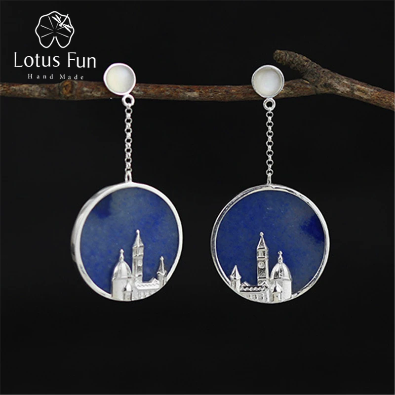 

Lotus Fun Real 925 Sterling Silver Natural Original Handmade Fine Jewelry Vintage Florence Cathedral Dangle Earrings for Women