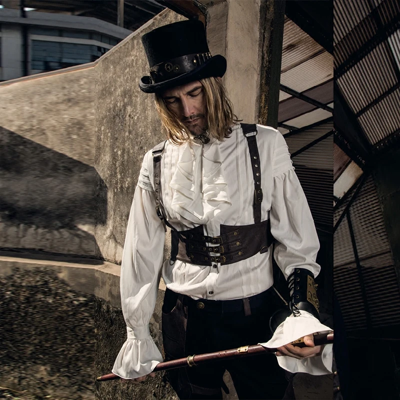 Steampunk Men Shirt Stand Collar Long Sleeve Vintage Victorian Noble's