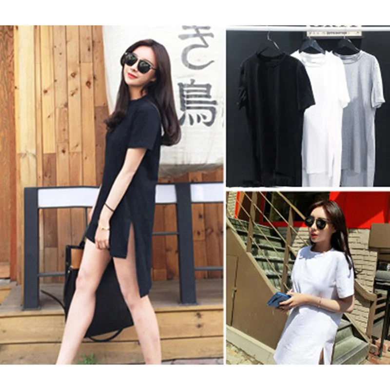 1PCS Women Tshirt Casual Irregular Solid Short Sleeve T-Shirt Tops Female Split Before Short After Long Top Tee 3 Colors