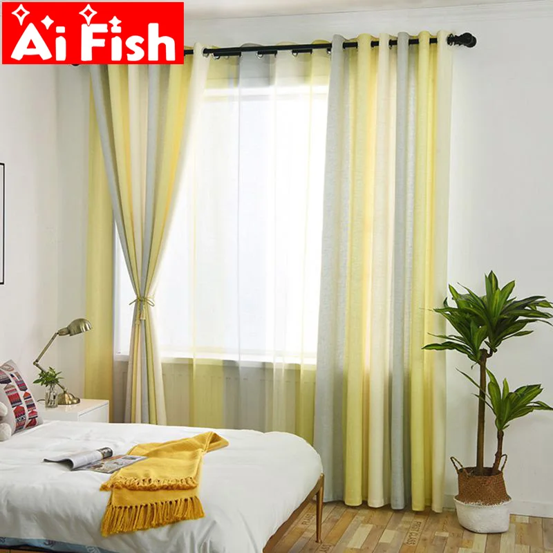 Kopen Moderne Gordijnen Semi Shading Slaapkamer Mediterrane Geel Grijs Streep Sheer Tulle Voor Woonkamer Gordijn Stoffen MY025 4