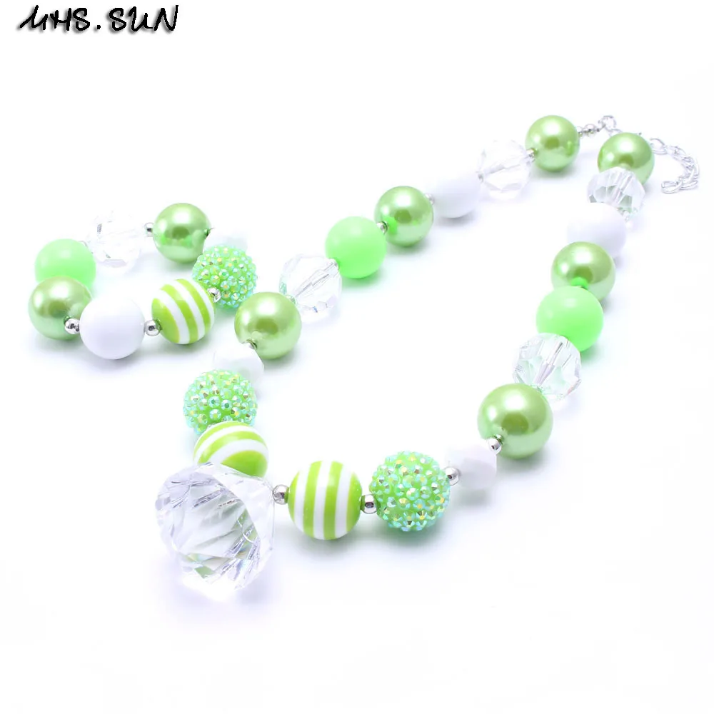 

MHS.SUN 2sets Spring Green Color Kid Chunky Necklace Jewelry Set Girl Children Bubblegum Bead Chunky Necklace&Bracelet Set