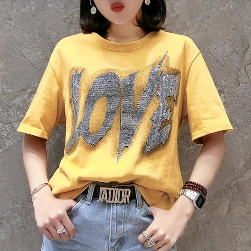

2019 new fashion hot drilling letters short sleeve casual T-shirt