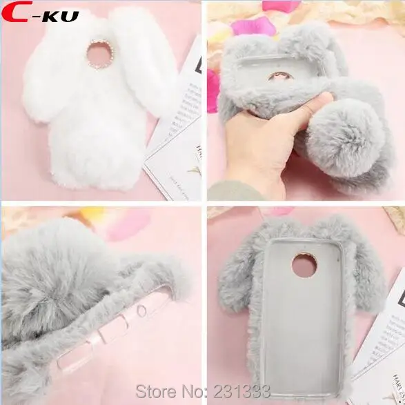 

C-ku Rabbit Ear Hair Fur Soft TPU Case For Motorola Moto X4 G6 G5S G6 PLUS G5S PLUS Warm Diamond Bling Skin Cover Luxury 1pcs