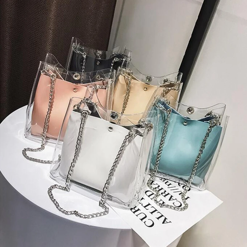 

Fashion Women Transparent Bag Pvc Small Bucket Bags Female Mini Jelly Chain Messenger Bags Laser Holographic Shoulder Bag Sac