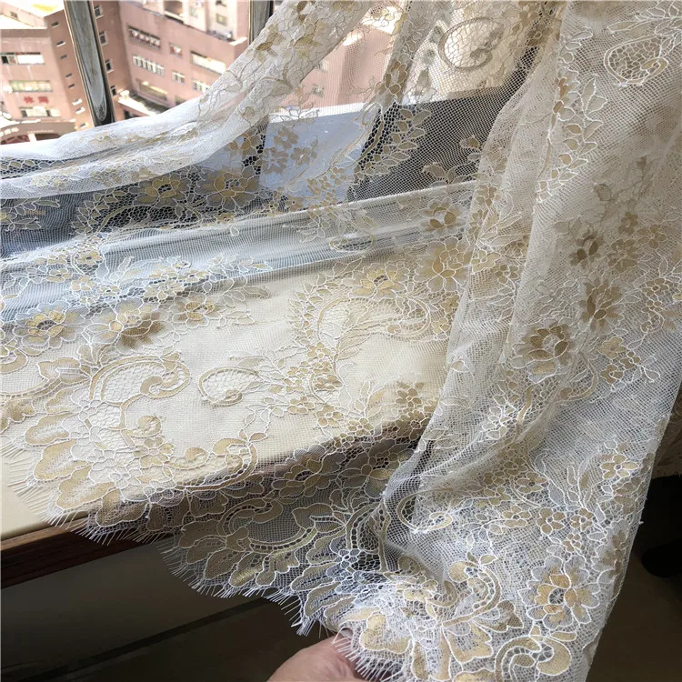 

Patchwork Real Silk Fabric Tissus Free Shipping 2019 New Export Hard Peng Yarn Quality French Eyelash Dress White + Gold Cloth