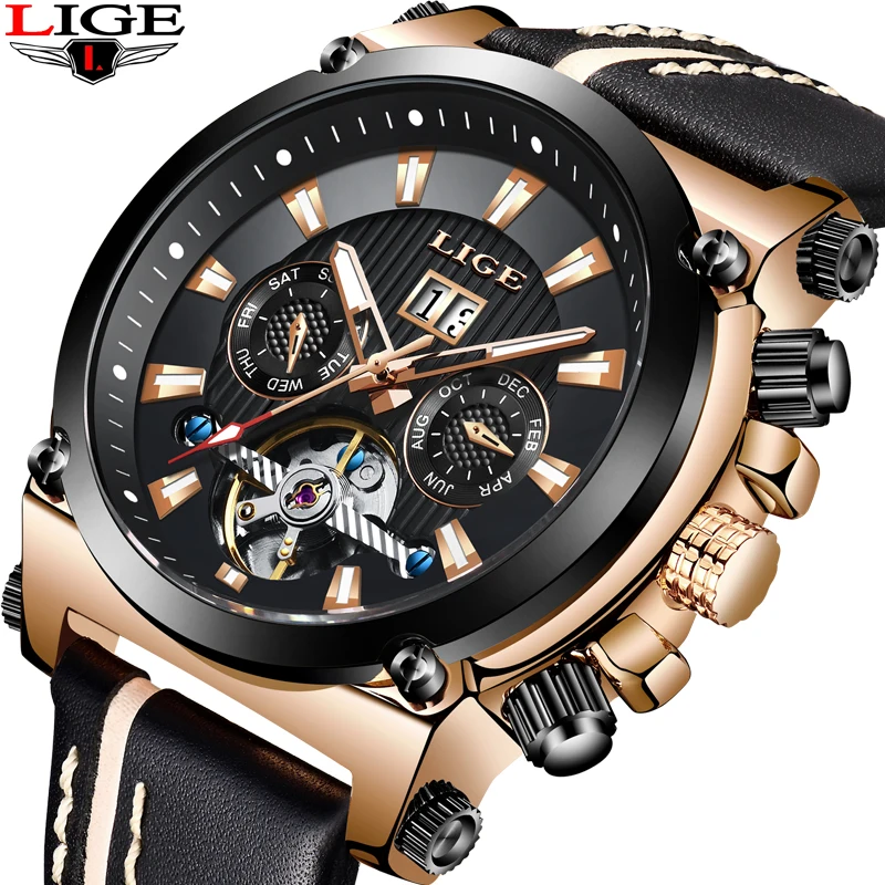Для мужчин WatchesLIGE Мода Tourbillon автоматические механические часы для кожа большой