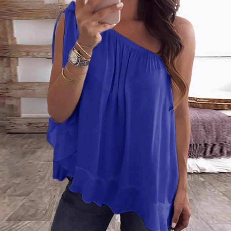 Fanbety Women Sexy One Hand Sleeve Chiffon Blouses 2019 Summer Elegant Skew Collar Bow Tie blusa Lady Off Shoulder beach tops Fanbety Women Sexy One Hand Sleeve Chiffon Blouses 2019 Summer Elegant Skew Collar Bow Tie blusa Lady Off Shoulder beach tops