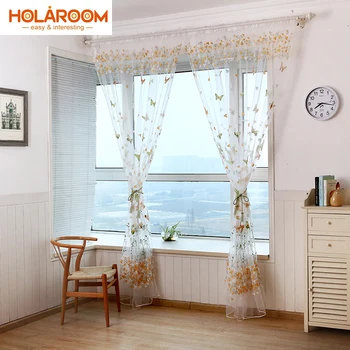 

Butterflies Tulle Curtain Butterflies Branches Printed Curtains for kitchen windows living room Tulle woven floral cortinas