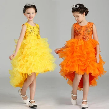 

New Girls Cupcake Trailing Party Dresses With Sequins Princess Dresses For Girls Artist Program Dress 6 Color Crianca Vestidos