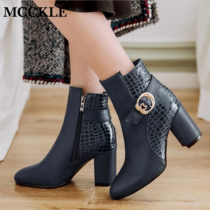 

MCCKLE Winter Plus Size Fashion High Heels Fur Warm Ankle Boots Female Zipper Crocodile Leather Short Boots Ladies Buckle Shoes