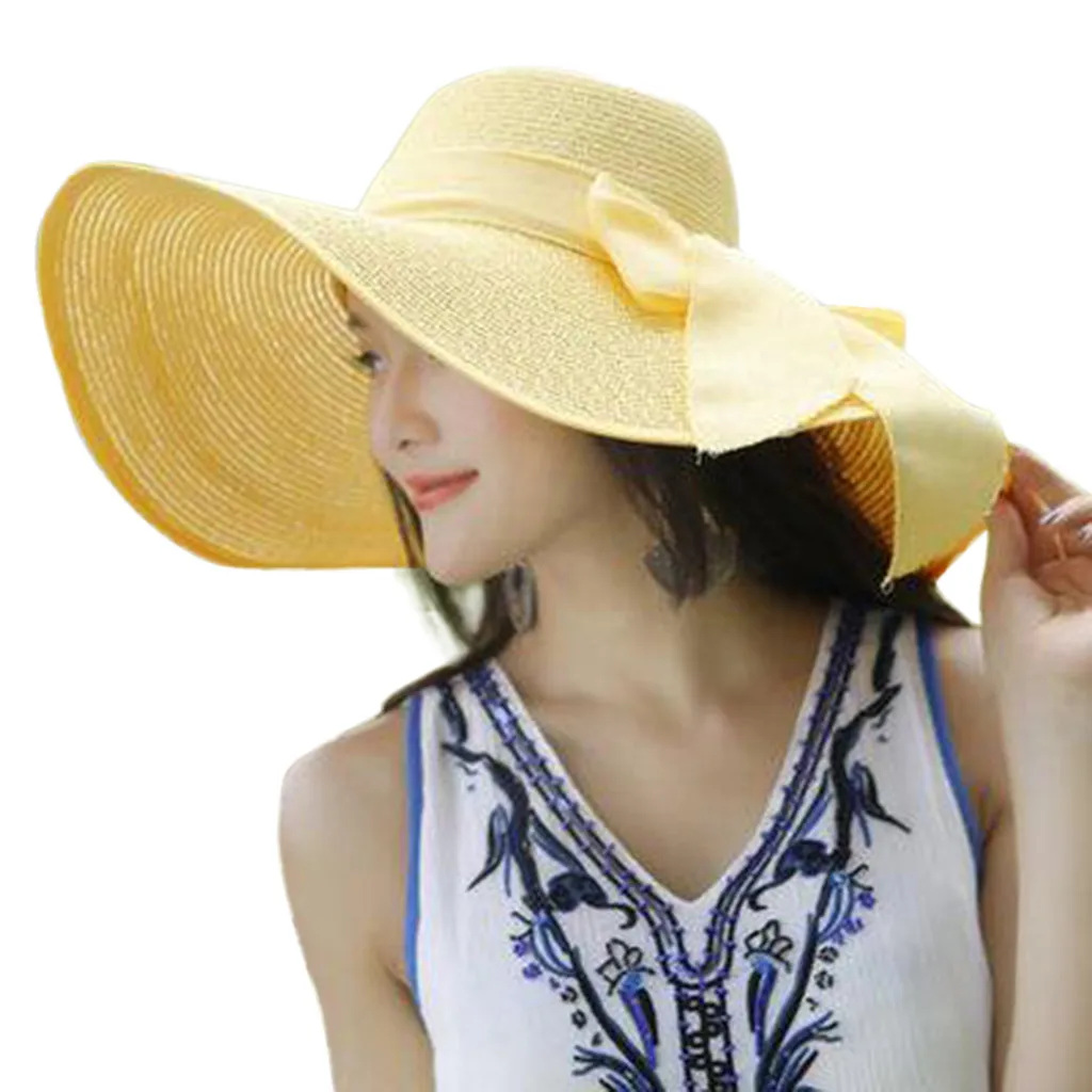 Летняя женская шляпа, большой край соломенная Солнцезащитная шляпа, гибкие широкие поля, шляпы, Новые складные пляжные кепки с бантом, Gorro Mujer Verano# BL5
