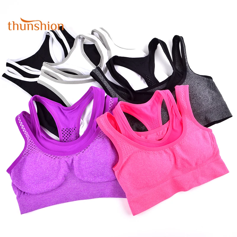 

THUNSHION Mesh Breathable Sexy Women Sport Bra Running Workout Bra Top Underwear Push Up Seamless Fitness Double Strap Design