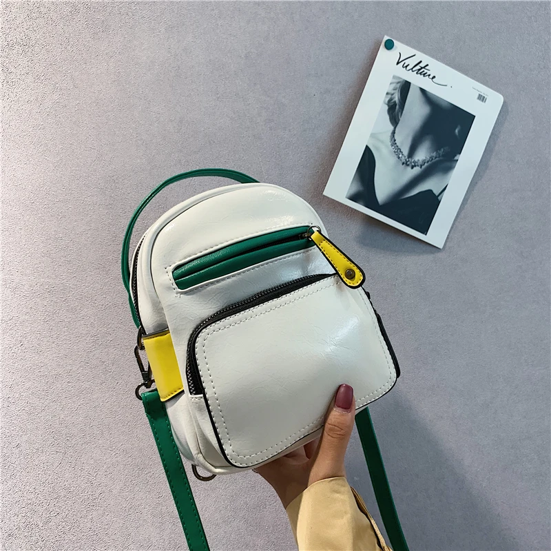 

Women green Contrast color leather Backpack Mini Soft Touch Multi-Function Small Backpack Female Ladies Shoulder Bag Girl Purse