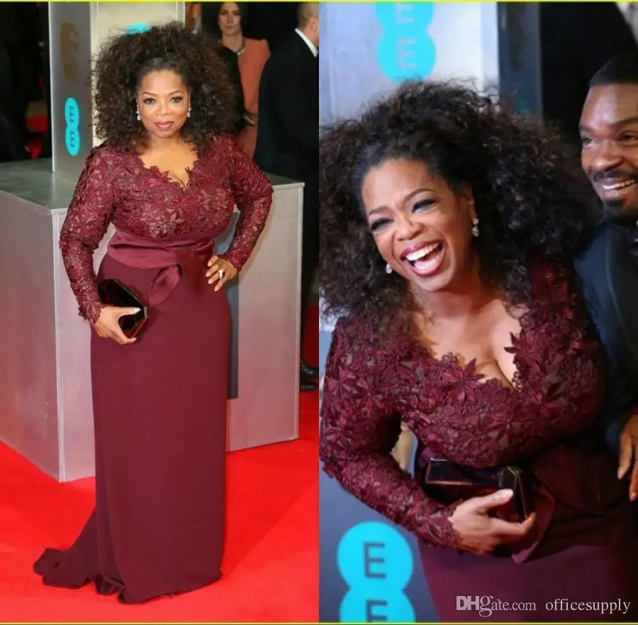 Oprah Winfrey бордовые, с длинными рукавами мать невесты платья v-образным вырезом Sheer Кружева Оболочка плюс мужской костюм вечернее платье