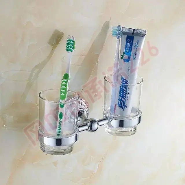 Античный хромированный набор аксессуаров для ванной комнаты металлический кронштейн из цинкового сплава Керамическое Основание Стеклянная Двойная зубная чашка Съемная Вешалка Для Полотенец - Цвет: toothbrush holder
