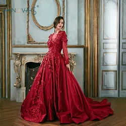 Винтаж бордовый вечерние платья 2018 с длинным рукавом аппликация бисером Роскошные кружево Цветочный выпускное платье Атлас Vestido de Fiesta EN9