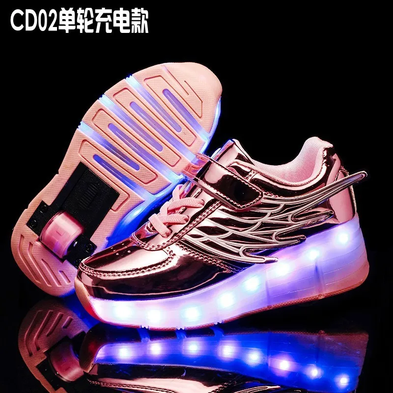 أسود واحد عجلة مضيئة رياضة USB شحن مصباح ليد أحذية التزلج الأسطوانة للأطفال أطفال أحذية الفتيان الفتيات الأحذية تضيء