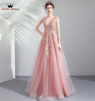 

Pink A-line V-neck Tulle Lace Pearls Evening Dress Elegant Long Formal 2020 New Arrival Party Gowns Dress Evening Gown CS114M