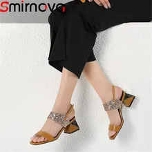 Smirnova/ г. Новая летняя обувь на толстом каблуке женские элегантные босоножки с пряжкой женская обувь из натуральной кожи на высоком каблуке бежевого цвета