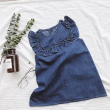 Летние модные джинсовые платья без рукавов falbala для маленьких девочек; Детские универсальные повседневные платья; 2-6Y