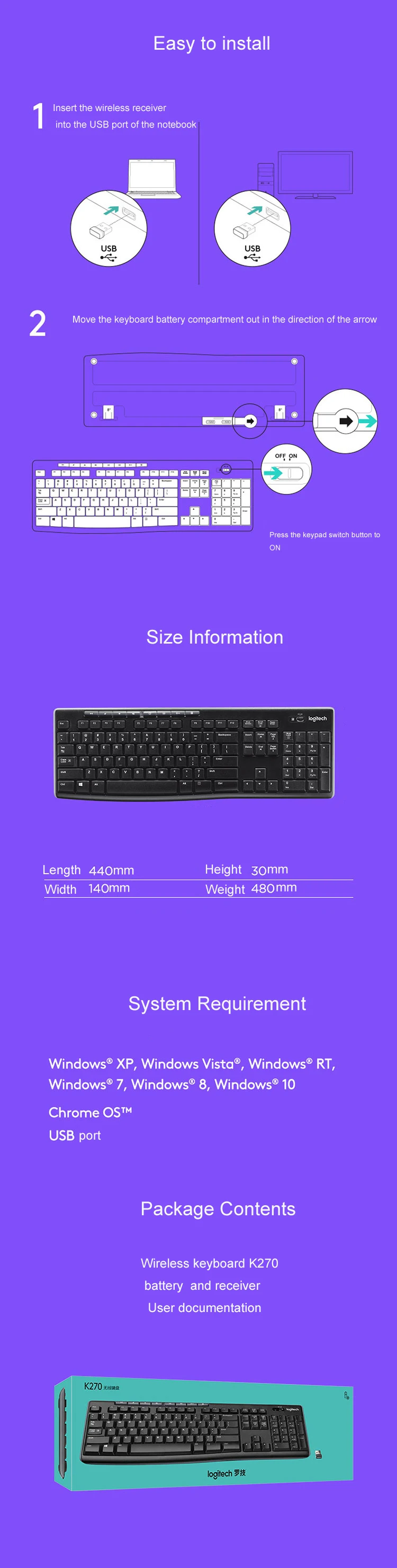Logitech K270 Wireless Keyboard Full Size Laptop Desktop Multimedia K270 01 K270 02 K270 03 K270 04