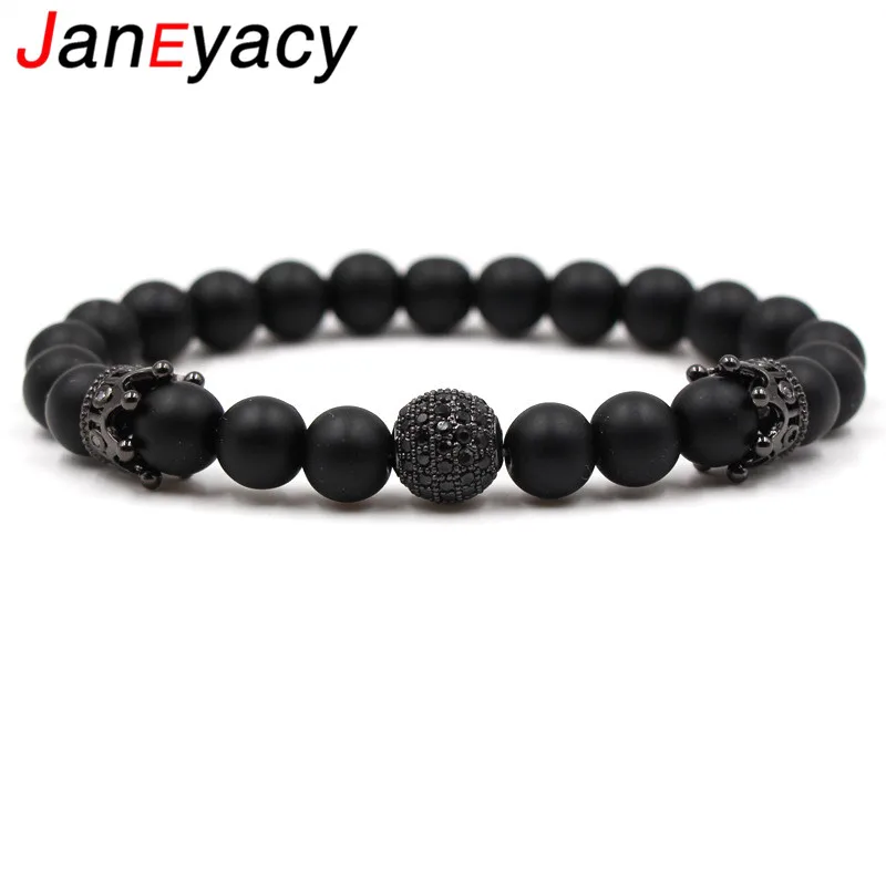 

Janeyacy 2018 Hot Fashion 8mm Scrub Stone CZ Crown Bracelet Men's or Women's Bracelet Zircon Jewelry Pulseira hombres