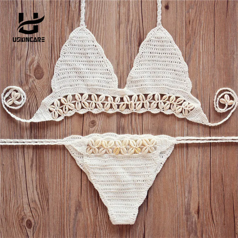 

USKINCARE Sexy Handmade Crochet Bikini women crochet Swimsuit Brazilian biquini Crochet Swimwear Bathing Suit beach suit