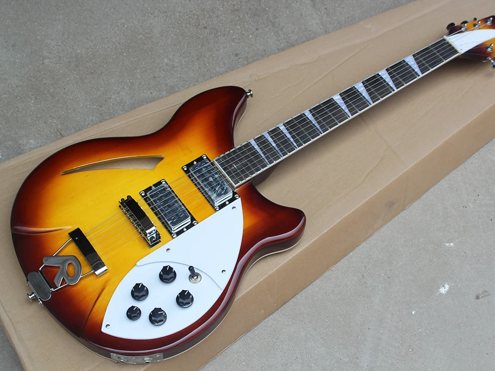 

Tobacco Sunburst Semi-hollow Electric Guitar with Rosewood Fretboard,White Pickguard,R Sign Bridge,offering customized services