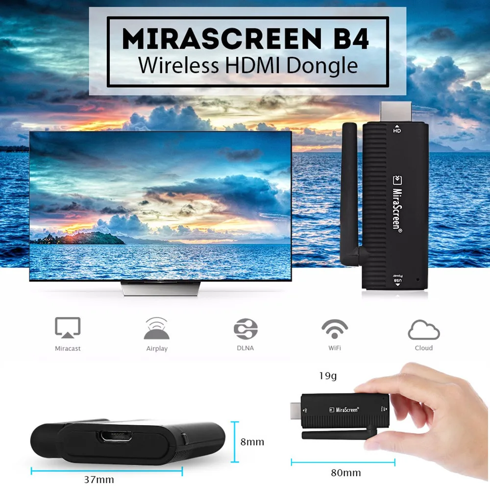 

MiraScreen B4 Wireless HDMI Dongle AM8252B CPU 2.4GHz Wifi Full 1080P 128MB RAM Media TV Stick Support Miracast Airplay DLNA