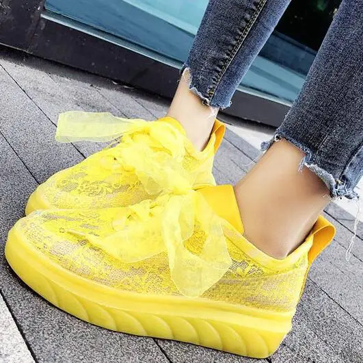

2019 Summer Fashion Women Sneakers Yellow Platform Casual Shoes Woman Breathable Mesh Lace Up White Transparent Sneakers Ladies